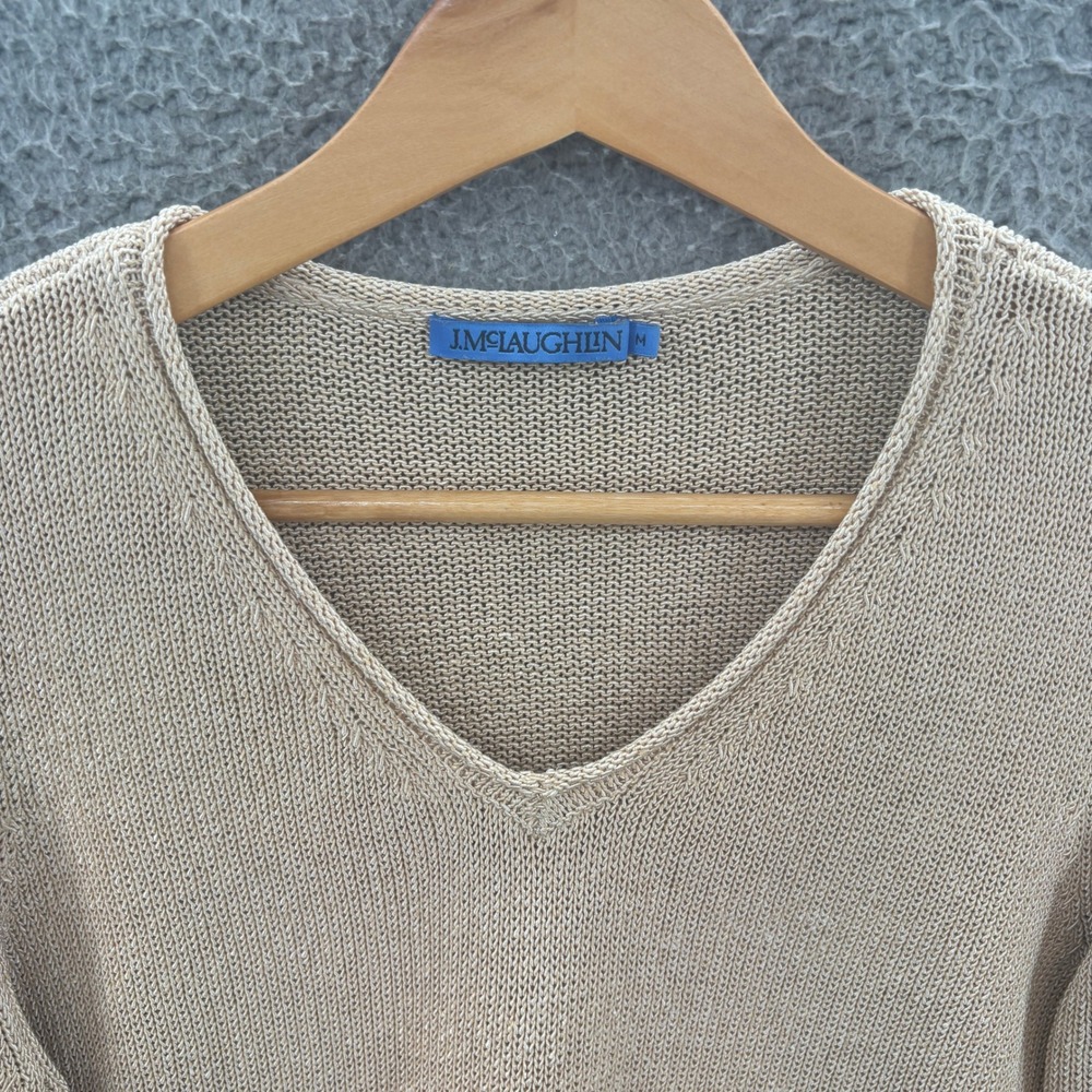 J McLaughlin Sweater Women Medium Tan V-Neck Cotton Blend Knit Long Sleeve